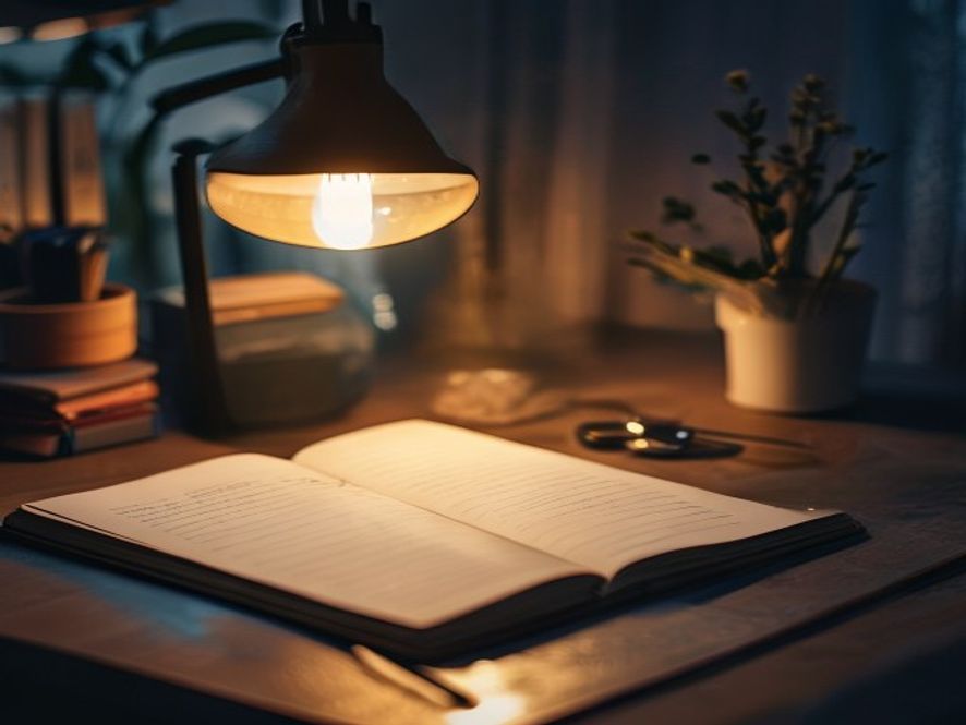 Minimalist desk setup with planning journal, pen, and warm lamp showing evening routine documentation